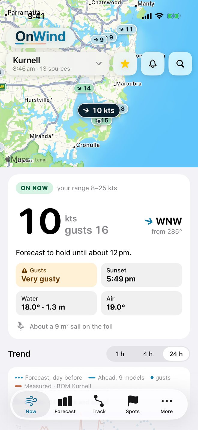 The Now tab at Kurnell: a map with live station readings, the OnWind mark, the verdict ON NOW against an 8&ndash;25 knot range, 10 knots gusting 16 from the WNW